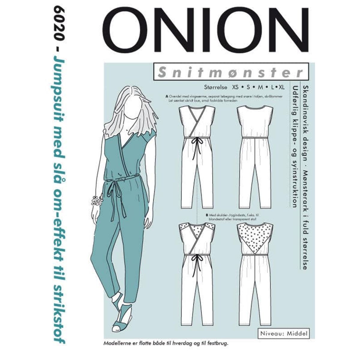 Jumpsuit med slå om-effekt til strikstof, str. XS-XL - Onion 6020