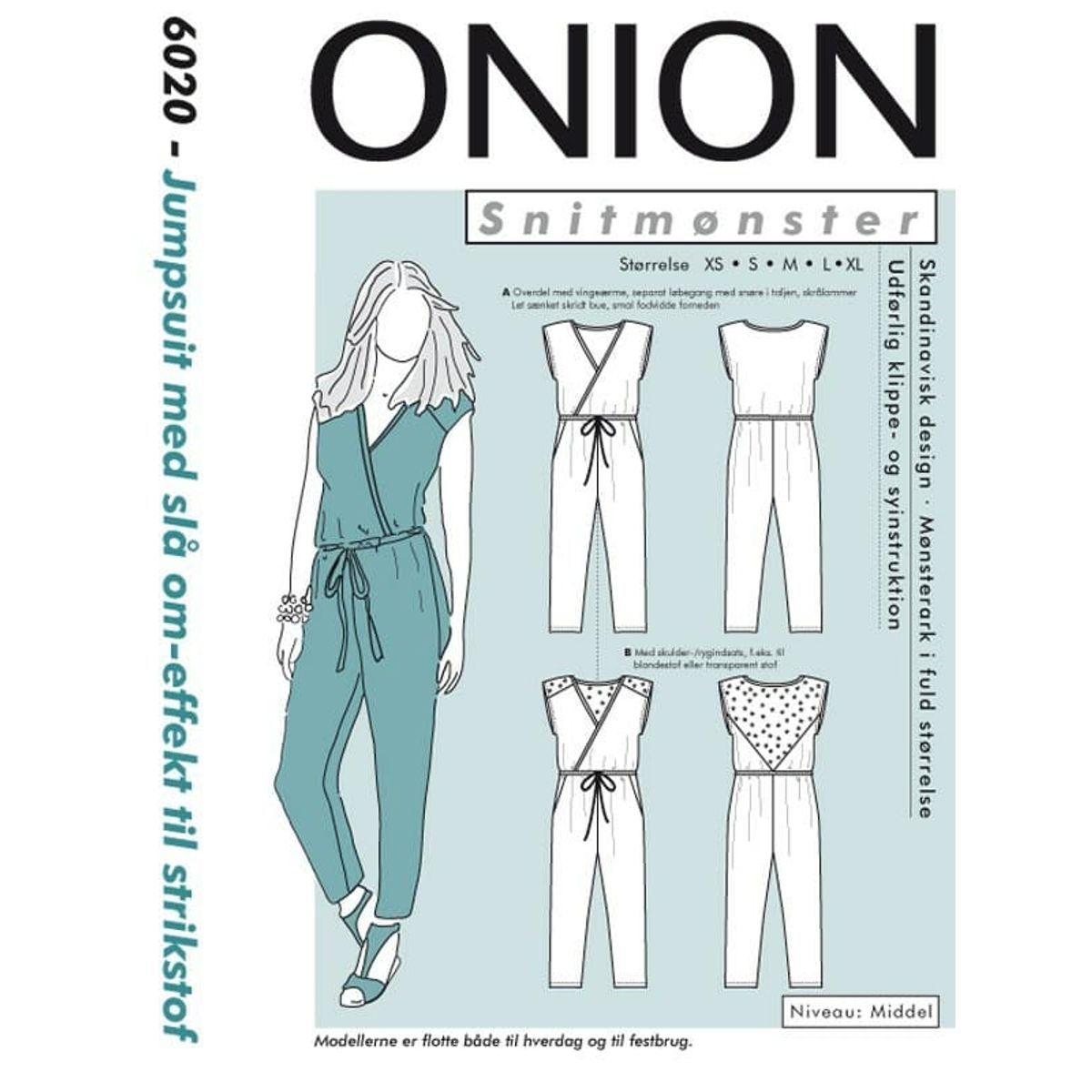 Jumpsuit med slå om-effekt, til strikstof, str.XS-XL - Onion 6020