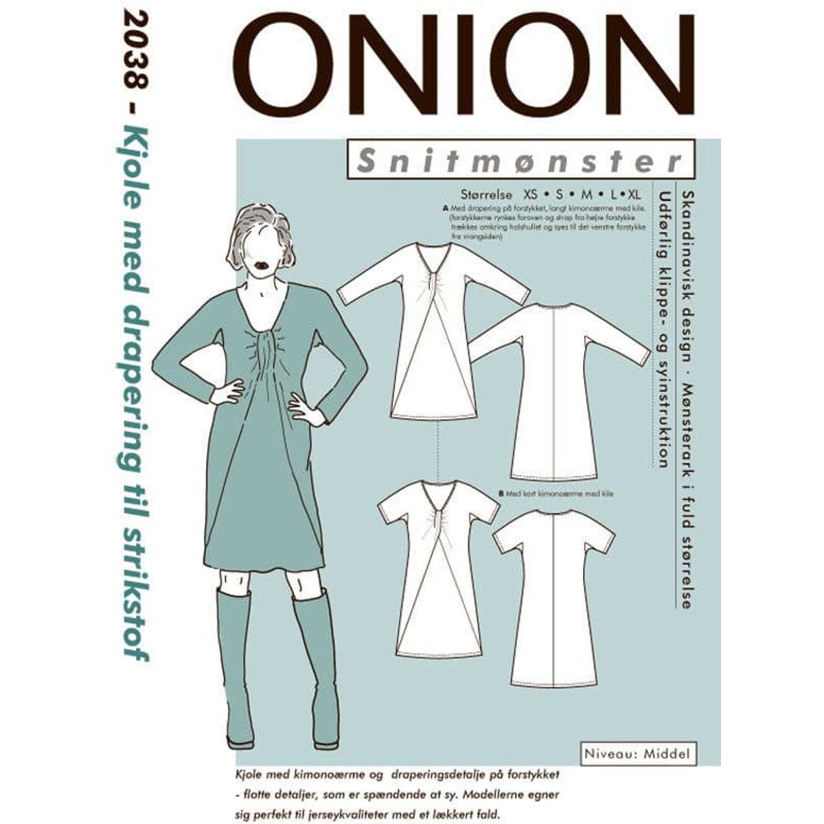 Onion kjole med drapering til strikstof, str. XS-XL - Onion 2038