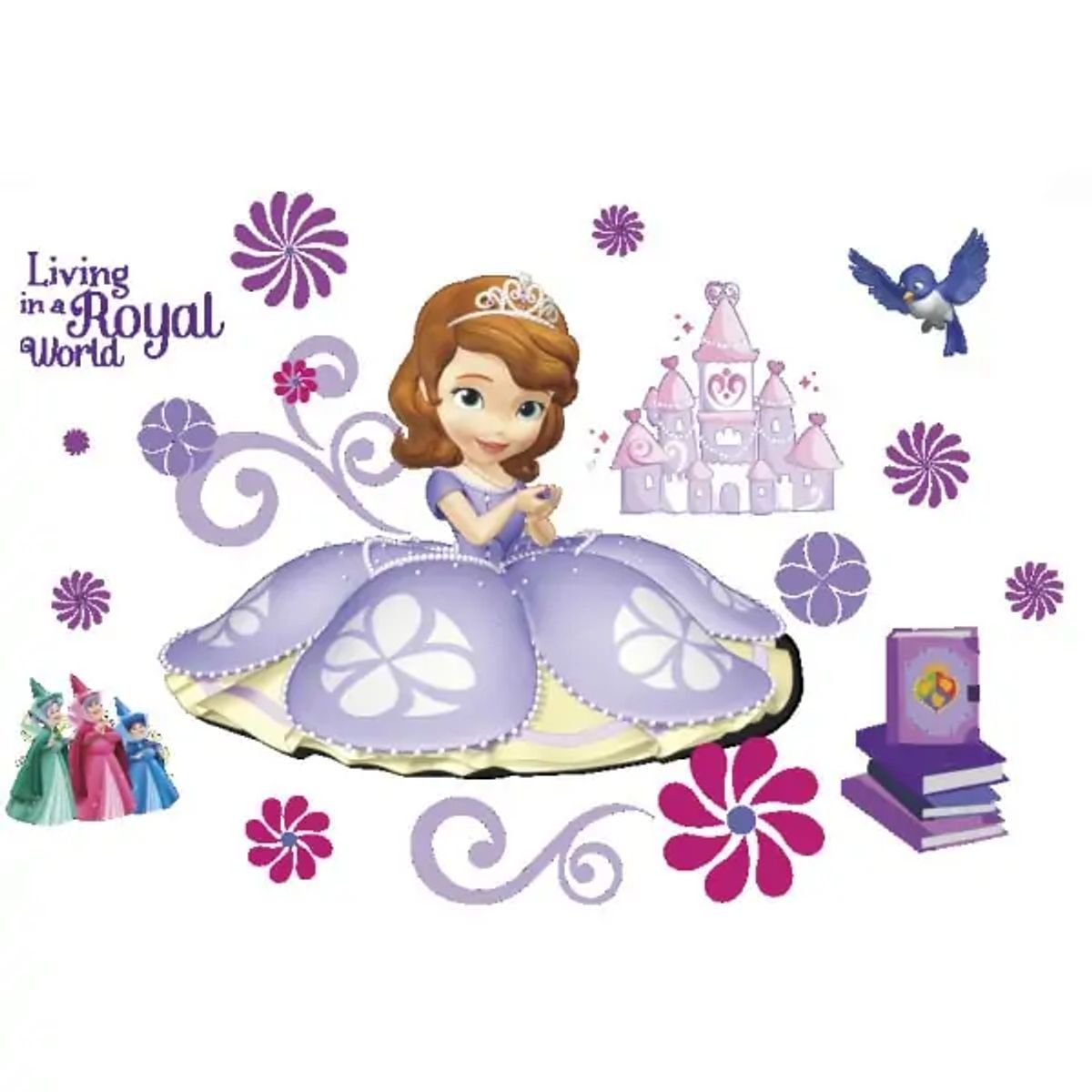 Flot wallsticker med en prinsesse, feer, slot, fugl, blomster mm