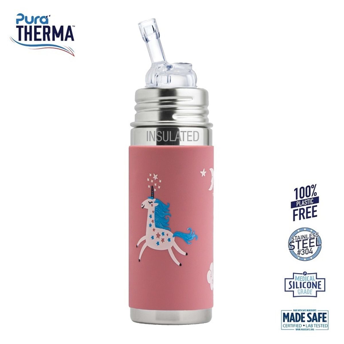 Pura® - Therma Kiki Straw Baby Sutteflaske 6+ mdr. Enhjørning 260ml - Fast flow